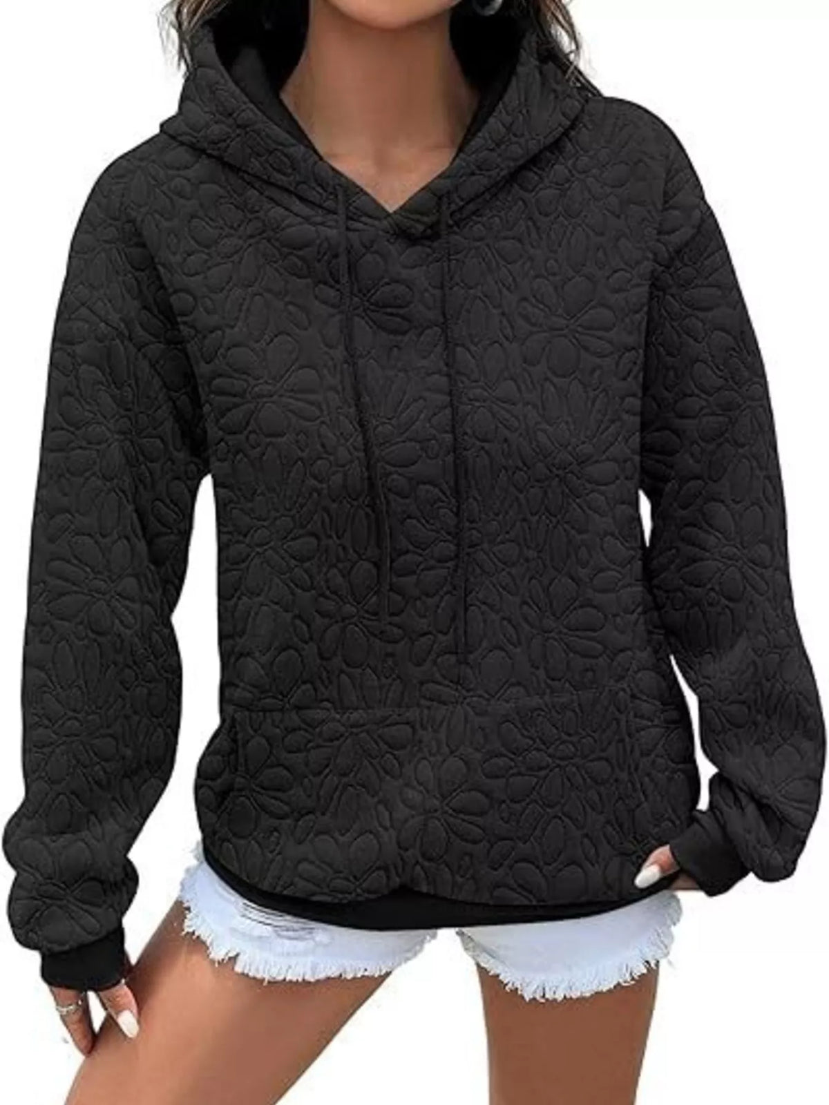 Textured Floral Embossed Drawstring Hoodie - Black - View 3