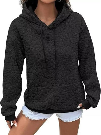 Textured Floral Embossed Drawstring Hoodie - Black - View 3