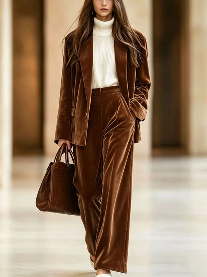 Velvet Blazer and Wide-Leg Pants Two-Piece Set - Dark Brown - View 1