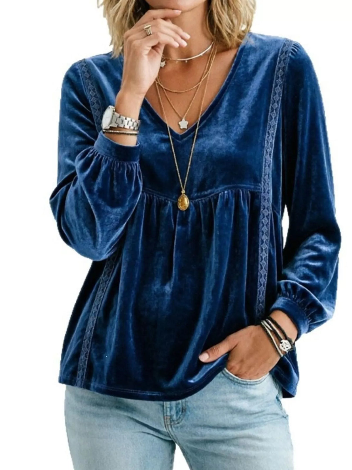 Full Size V-Neck Long Sleeve Velvet Blouse with Lace Trim Plus Size - Navy - View 1