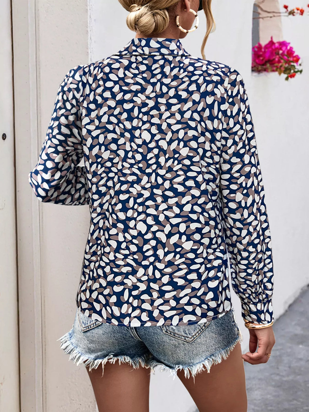 Printed Button-Down Long Sleeve Shirt - Dark Blue - View 3