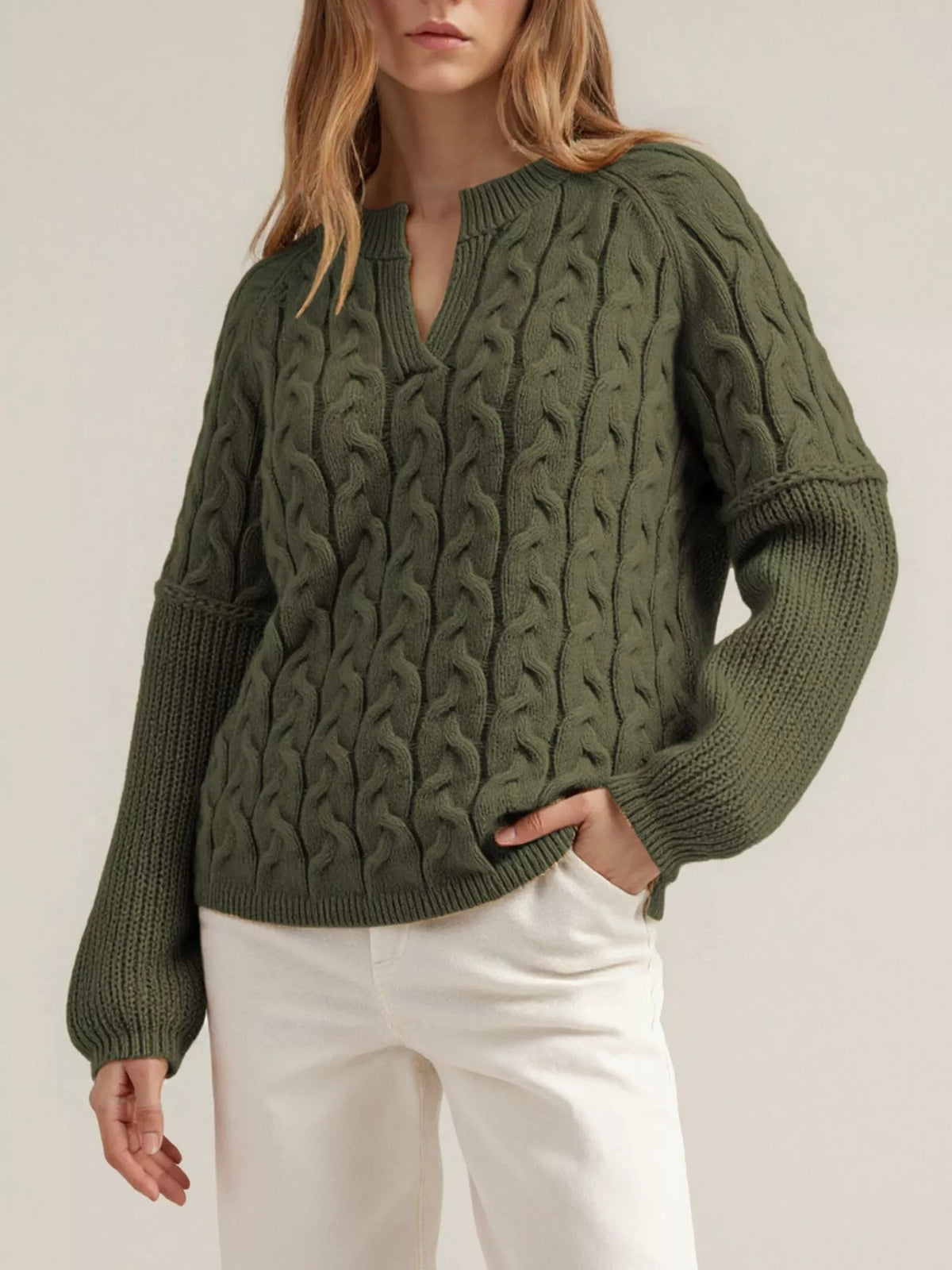 Cable-Knit Dropped Shoulder Sweater - Army Green - View 1