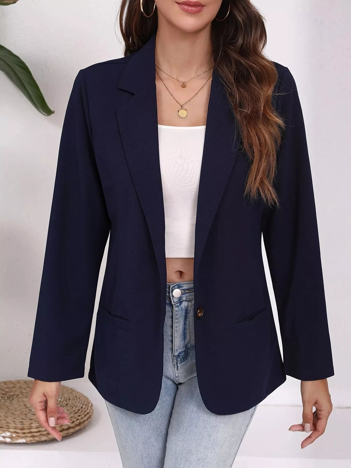 Plus Size Lapel Collar Single-Button Blazer - Navy Blue - View 7