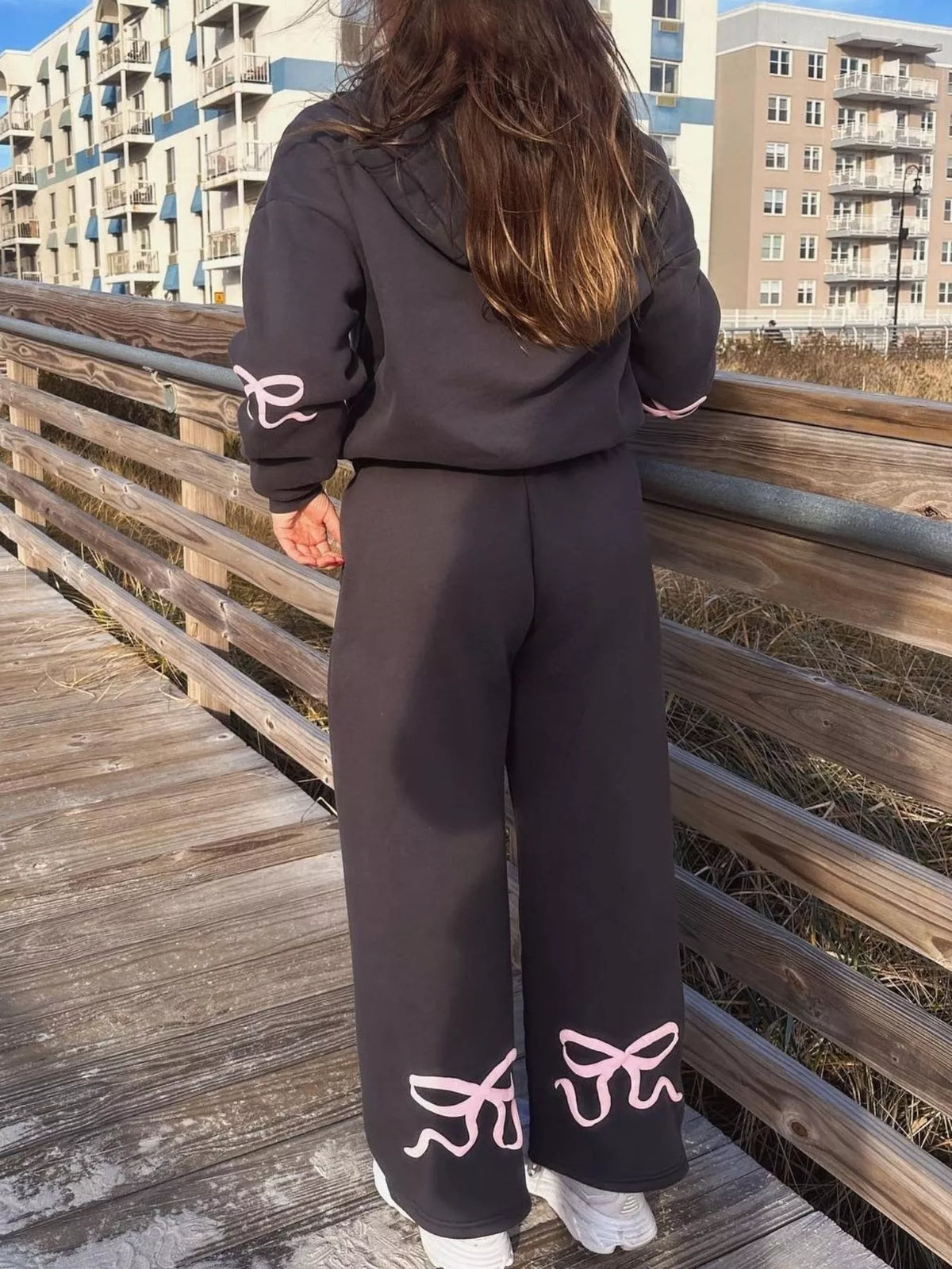 Bow and Heart Dropped Shoulder Hoodie and Pants Set - Grey - View 7
