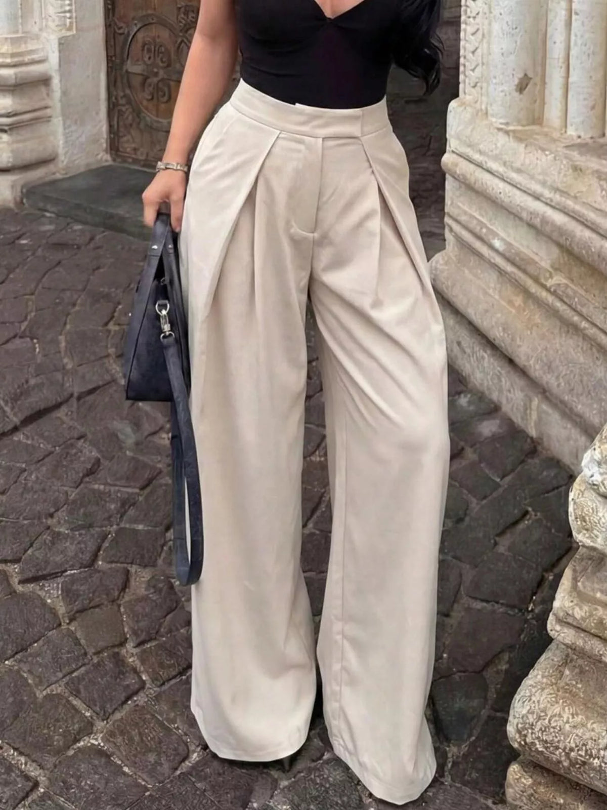 High-Waisted Pleated Wide Leg Pants - Dust Storm - View 4