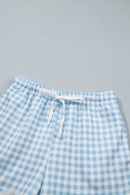 Gingham Long Sleeve Sweatshirt and Shorts Set - Light Blue - View 11