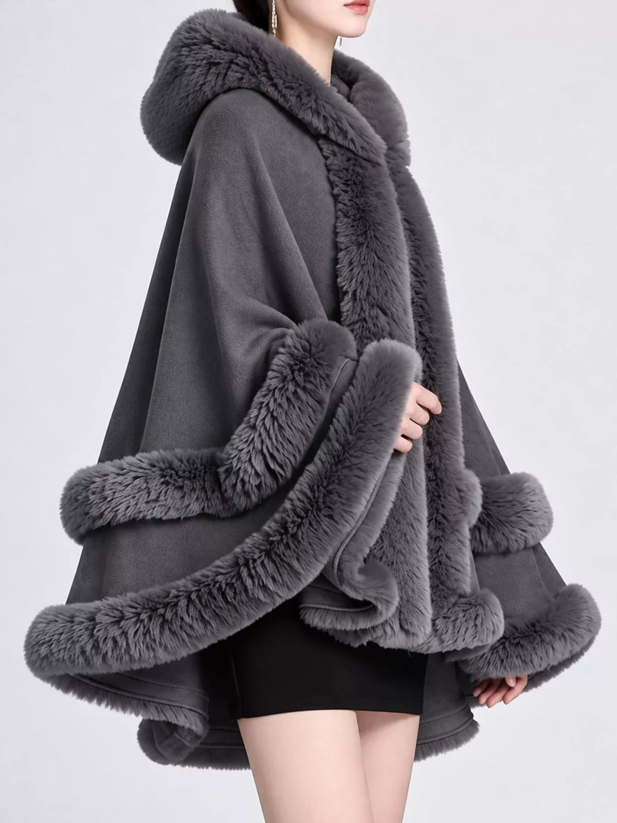 Faux Fur Trimmed Hooded Cape - Dark Gray - View 8