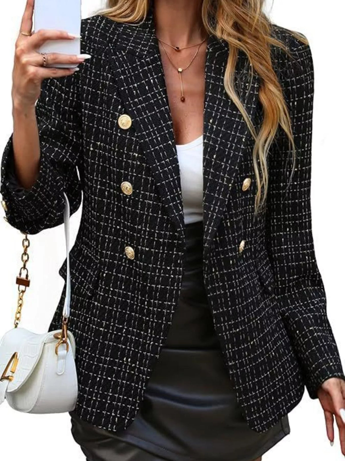 Double-Breasted Lapel Collar Blazer - Black - View 13