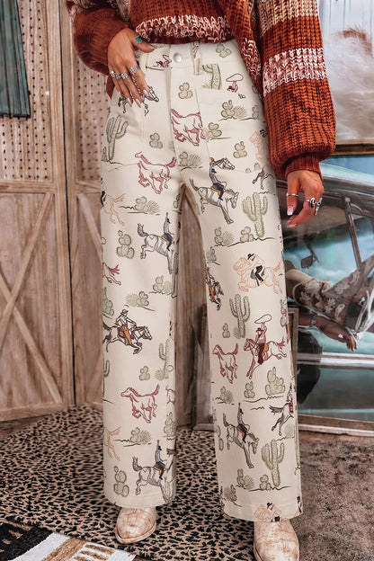 Western Print Straight Leg Ankle-Length Pocket Jeans - Beige - View 1
