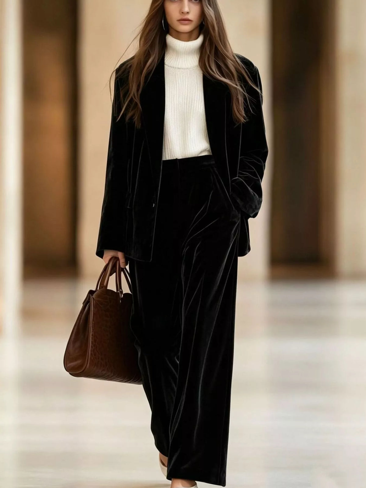 Velvet Blazer and Wide-Leg Pants Two-Piece Set - Black - View 1