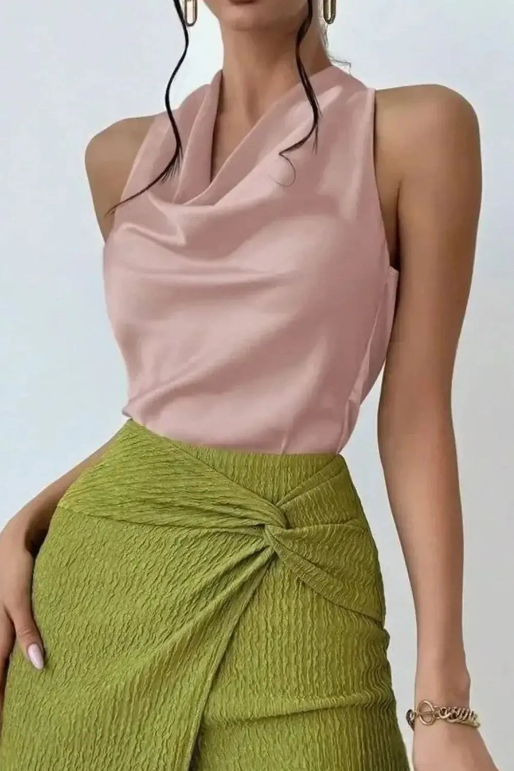 Satin Cowl Neck Sleeveless Blouse - Dusty Pink - View 13