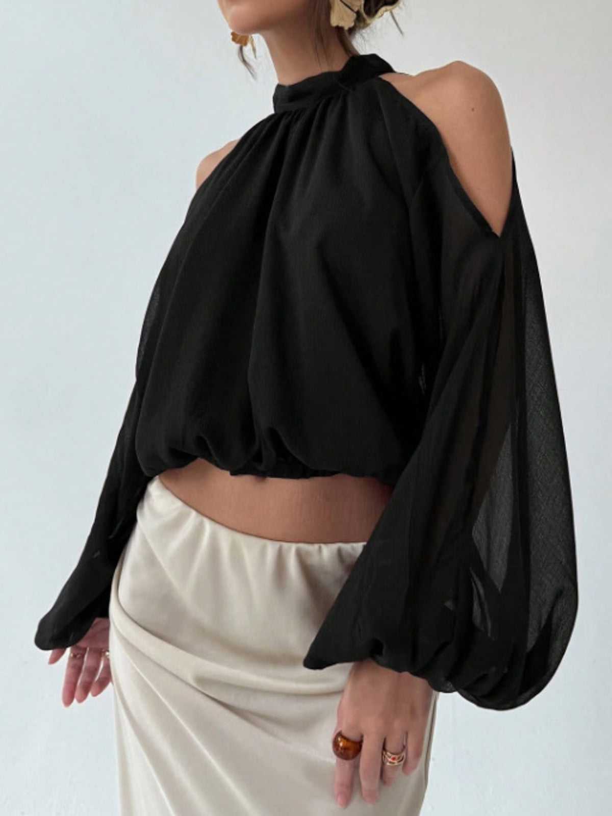 Cold-Shoulder Long Sleeve Blouse - Black - View 7
