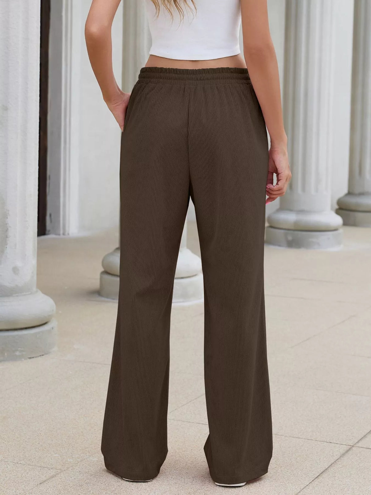 High-Waisted Drawstring Wide-Leg Casual Pants - Brown - View 7