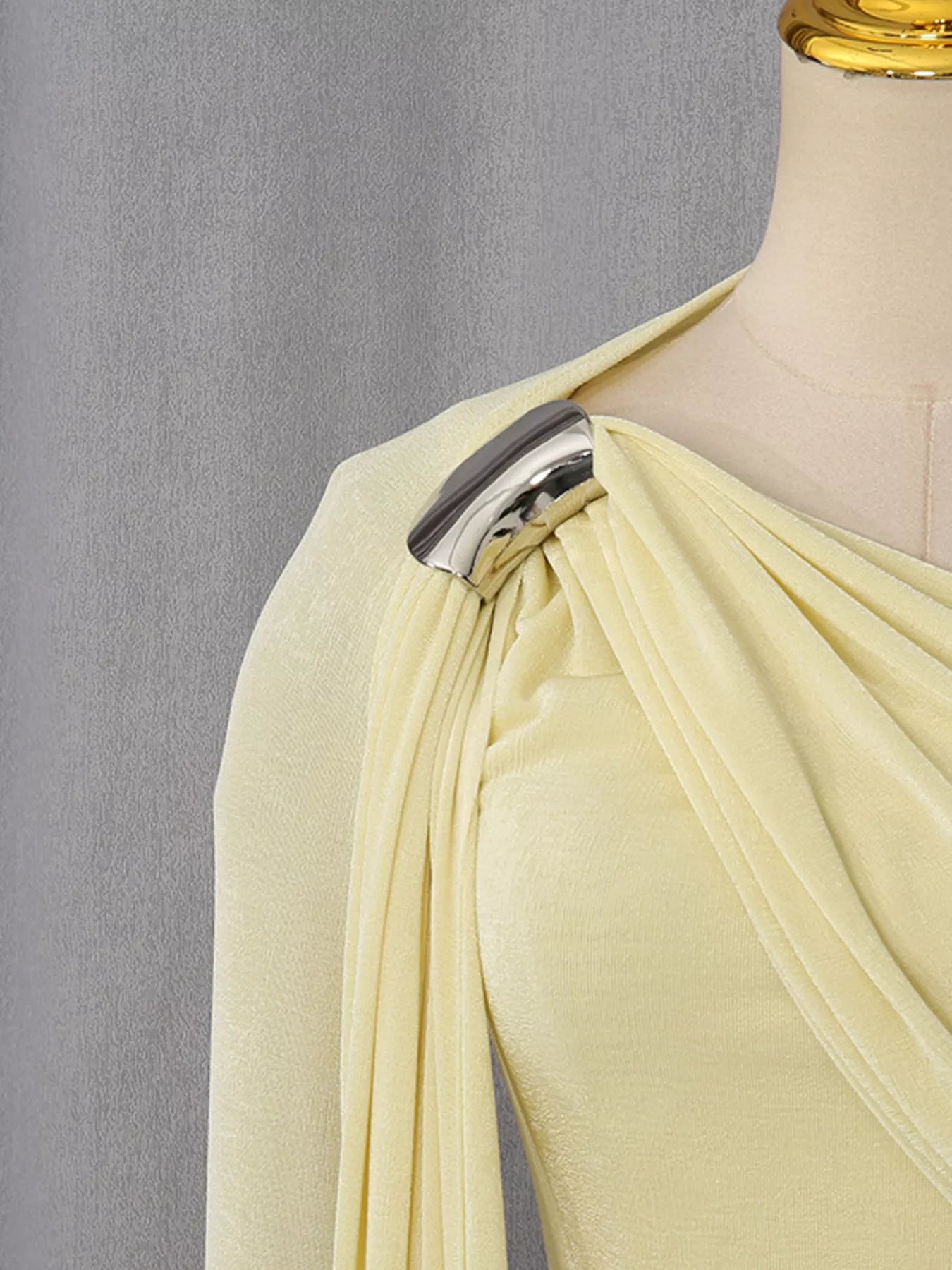 One-Shoulder Draped Maxi Dress - Yellow - Shoulder Hardware Detail View