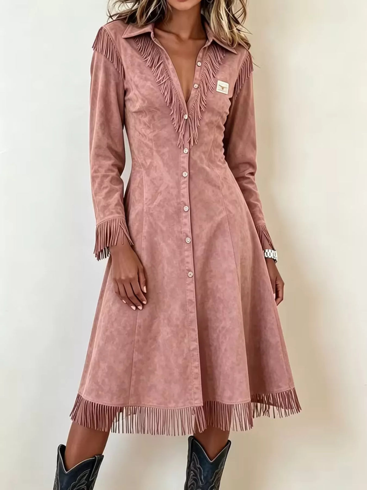 Full Size Fringed Button-Down Outerwear Plus Size - Dusty Pink - View 1