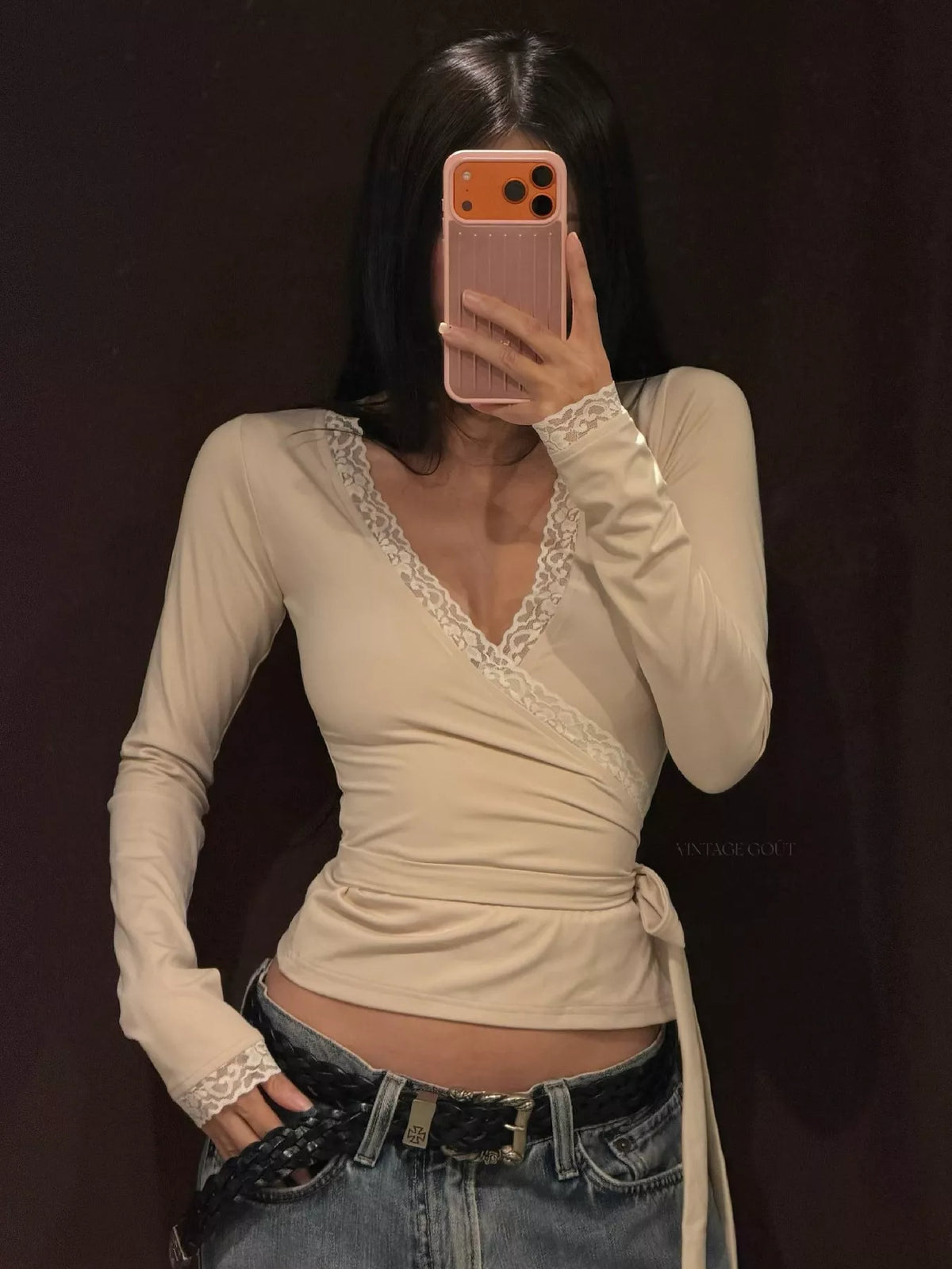 Lace-Trimmed Long Sleeves Wrap Blouse - Khaki Color - View 1