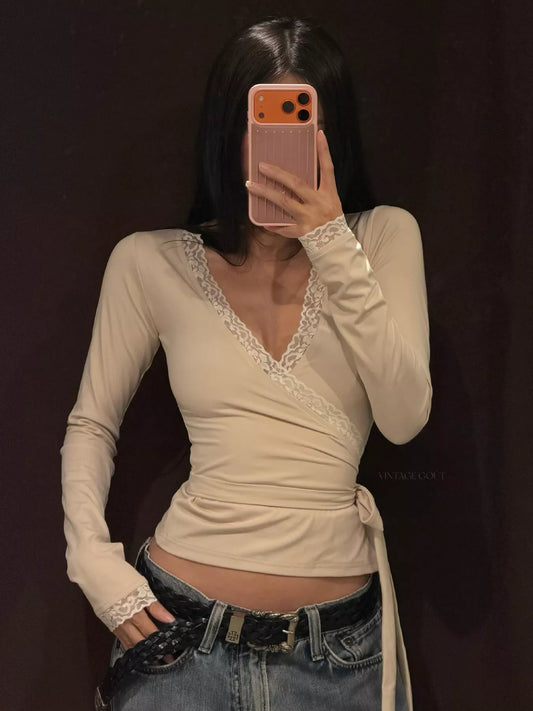 Lace-Trimmed Long Sleeves Wrap Blouse - Khaki Color - View 1