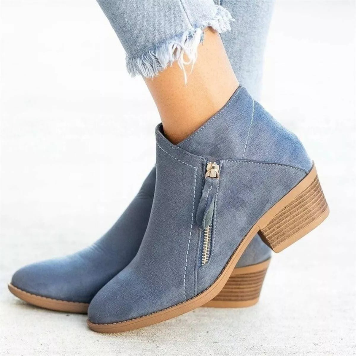Round Toe Block Heels Boots - Sky Blue - View 1