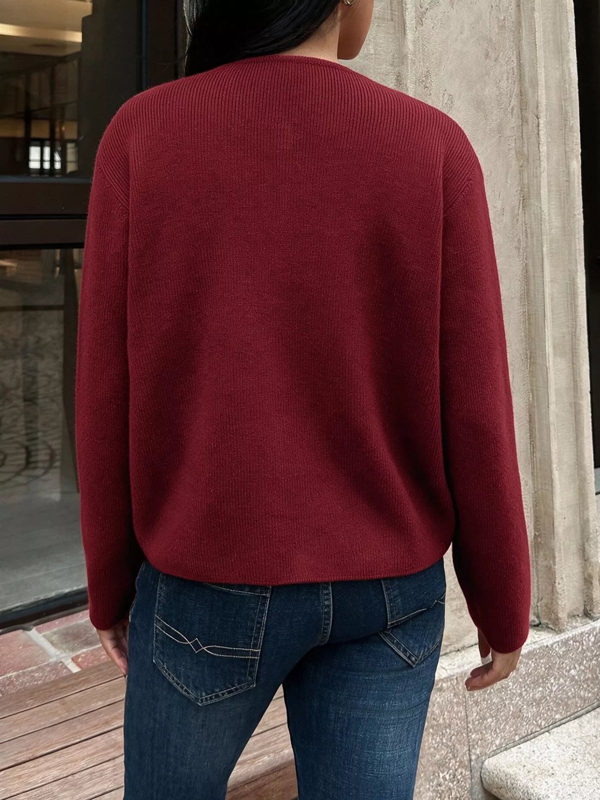 Bow Button Up Knit Cardigan - Burgundy - View 7