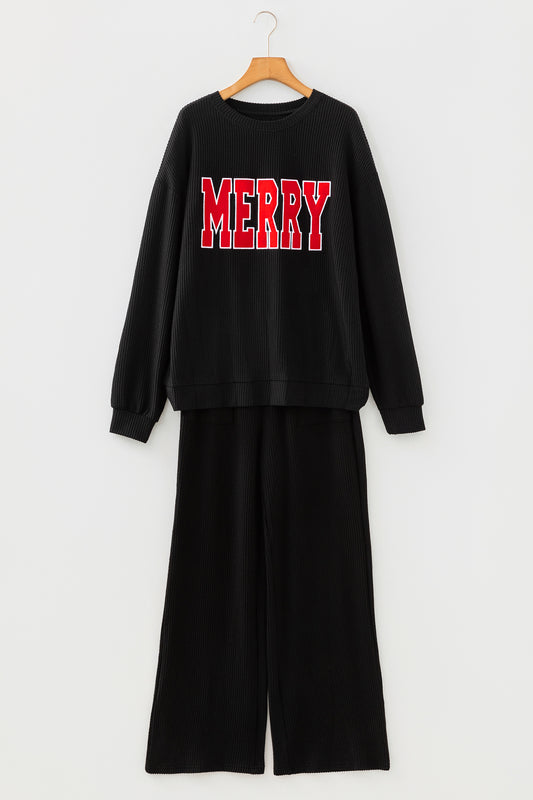 Black MERRY Corded Long Sleeve Top and Pockets Pants Set - Color black - 2