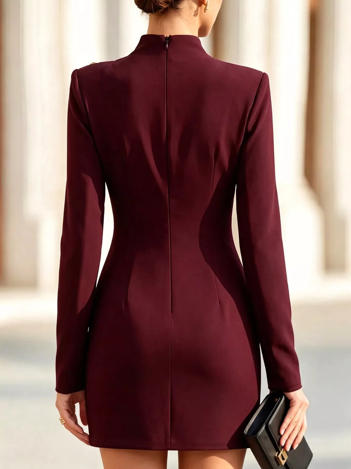 Full Size Decorative Button Mock Neck Mini Dress Plus Size - Burgundy - View 11