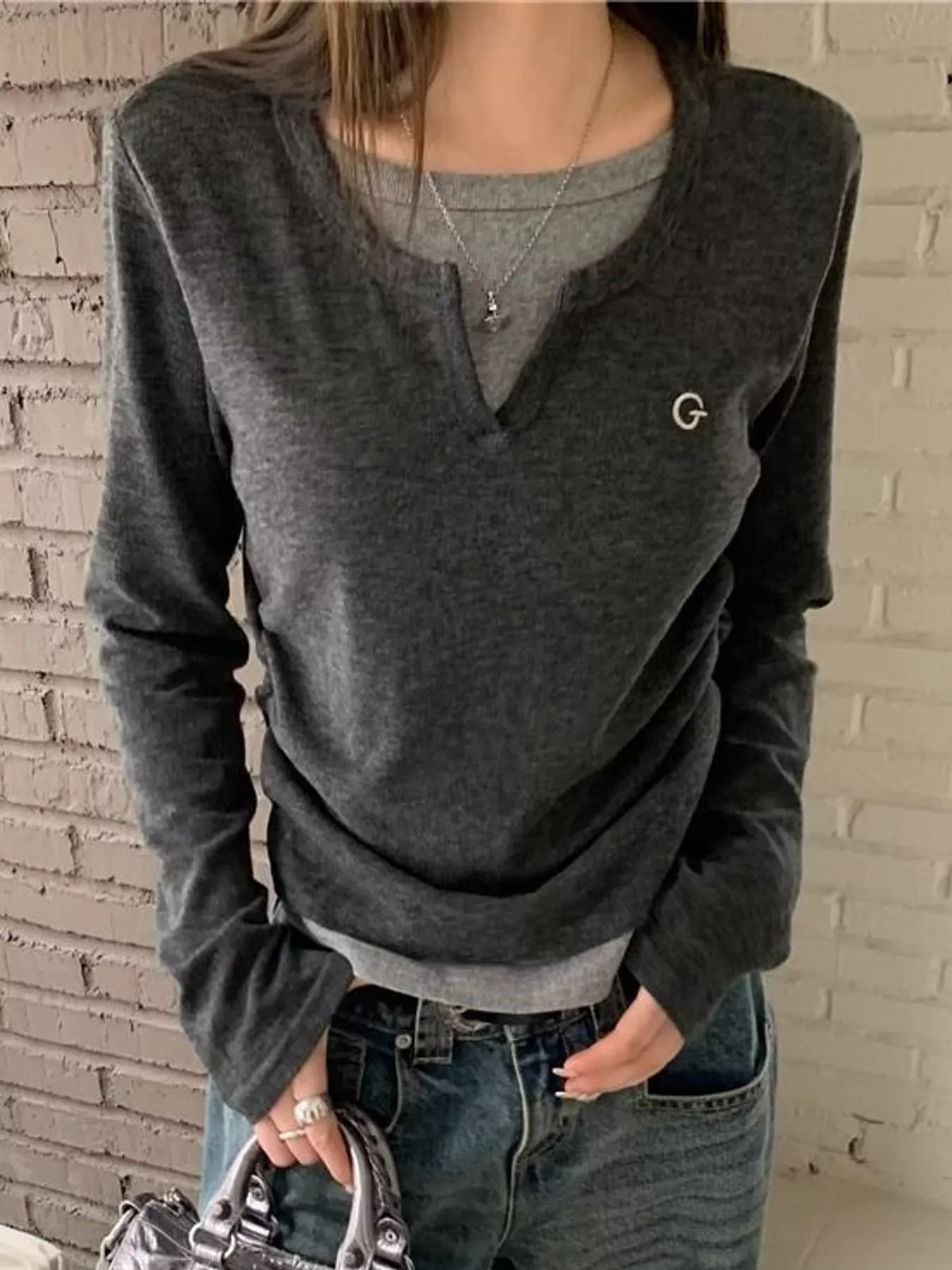 Layered Look Long Sleeve T-Shirt - Dark Gray - View 4