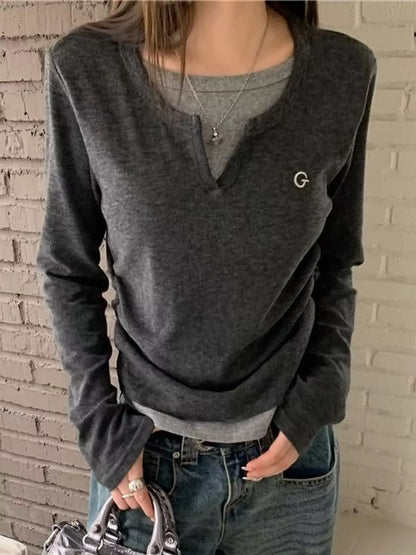 Layered Look Long Sleeve T-Shirt - Dark Gray - View 4