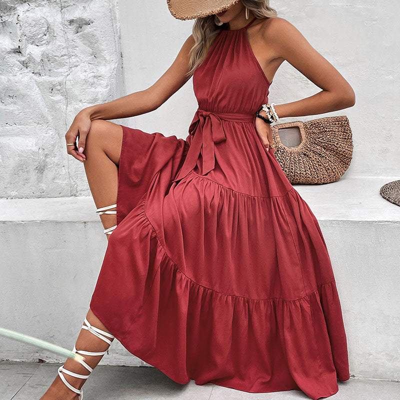 Perfee Tie Belt Tiered Midi Dress - Burgundy - View 5