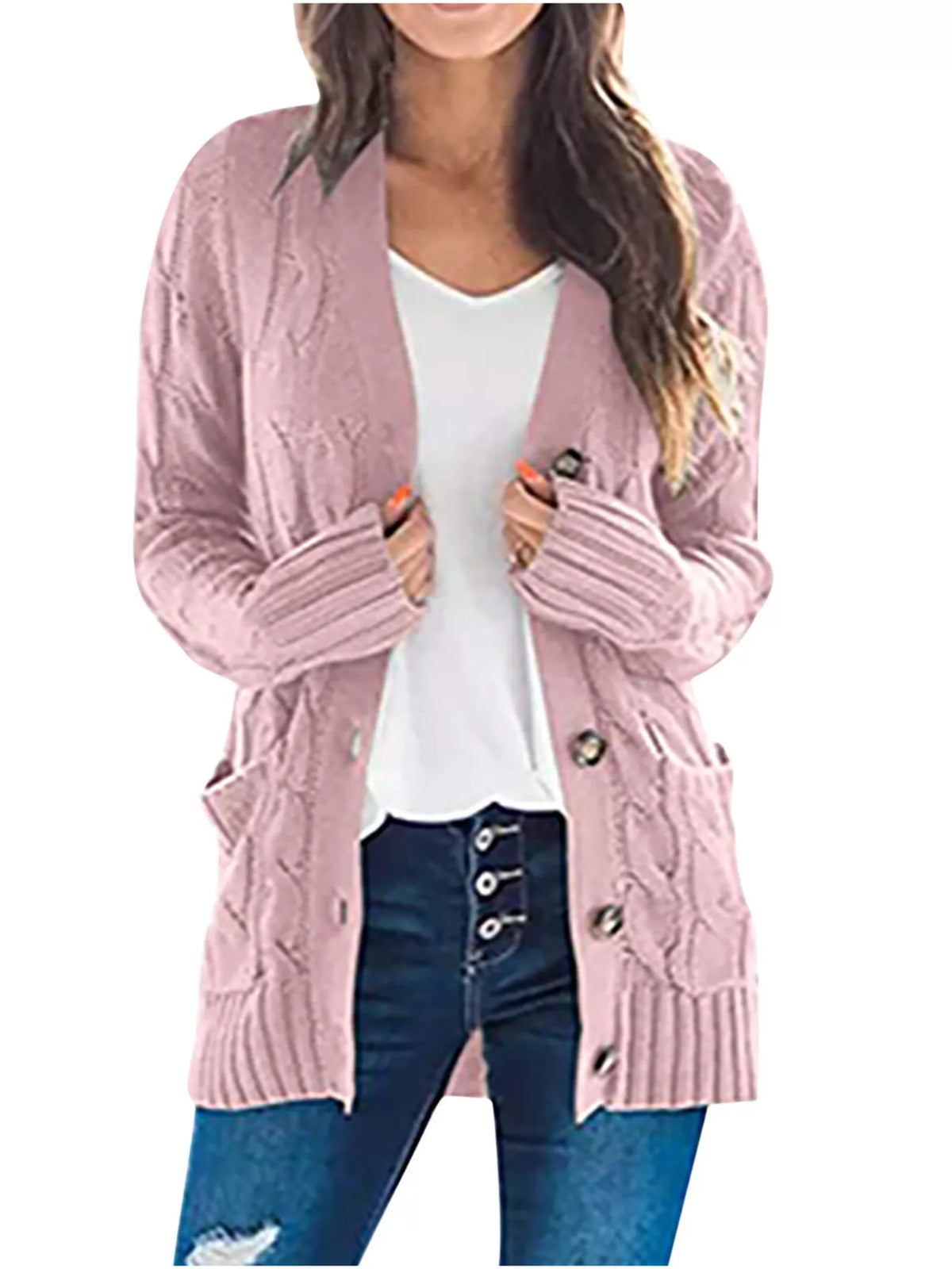 Full Size Chunky Cable Knit Button-Down Cardigan Plus Size - Dusty Pink - View 1
