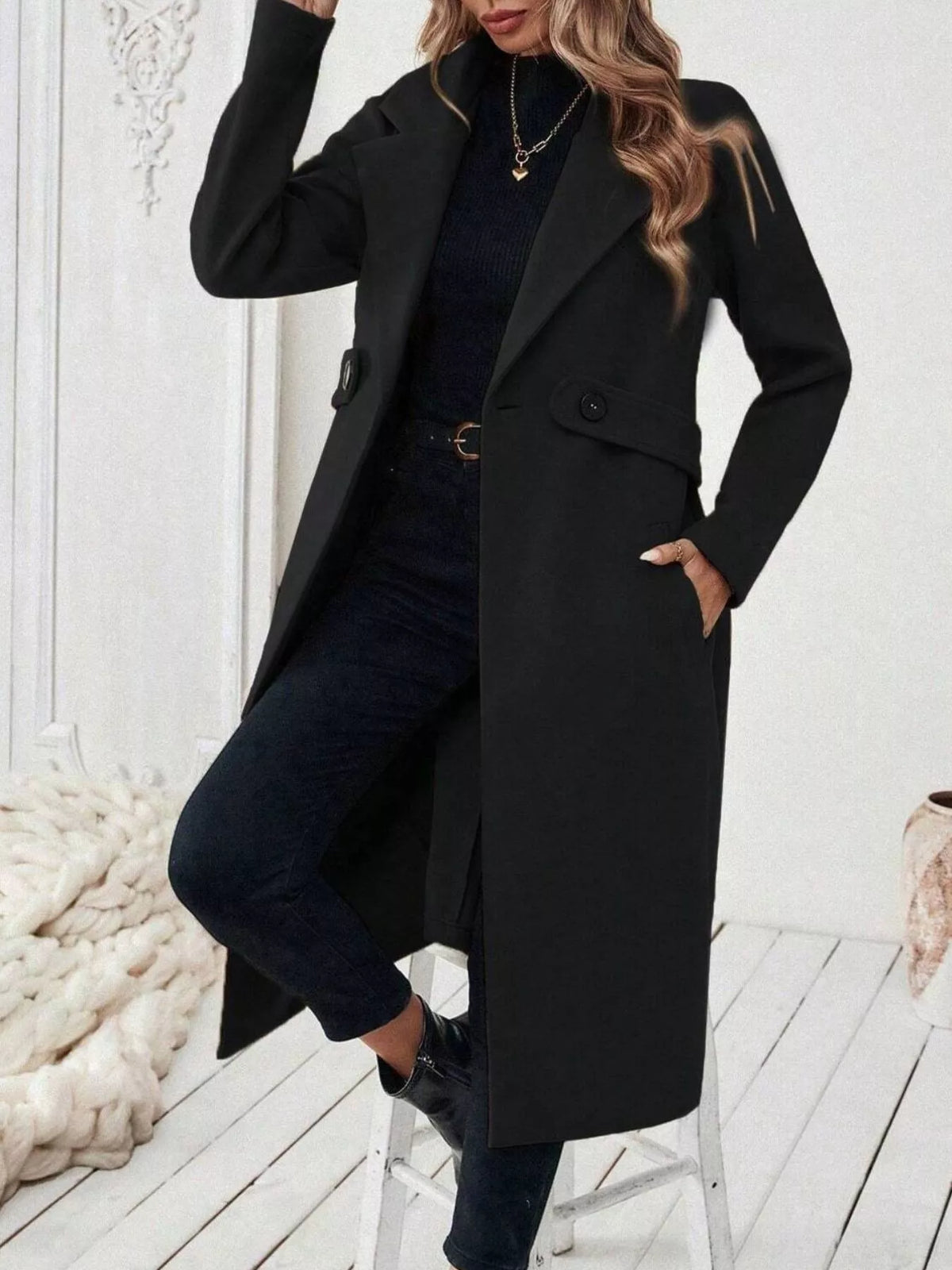 Lapel Collar Longline Coat - Black - View 1