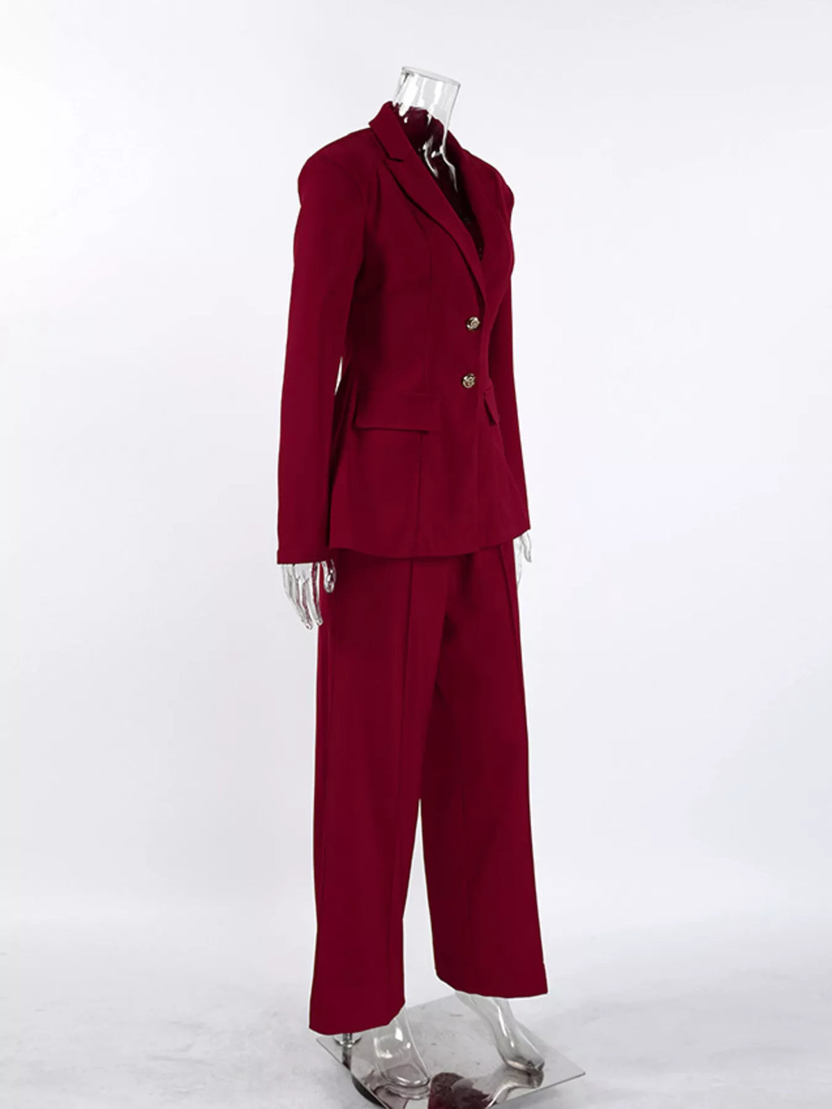 Single-Breasted Blazer and Wide-Leg Pants Set - Burgundy - View 8