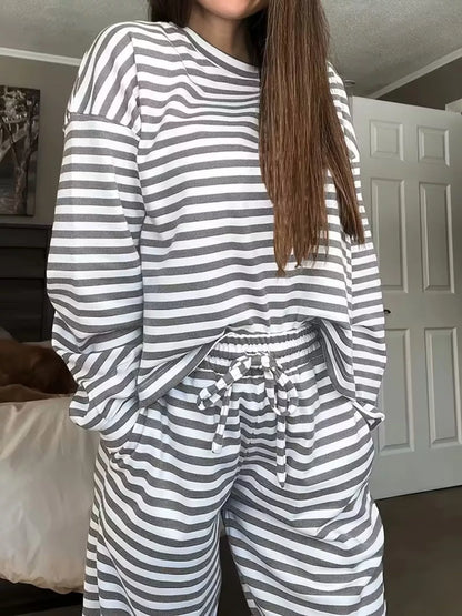 Striped Long Sleeve Top and Pants Set - Gray - View 1