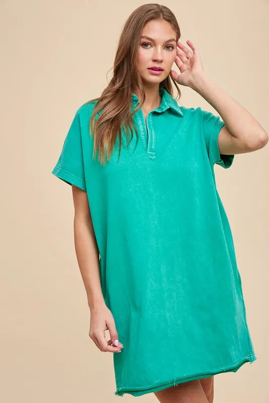 Annie Wear Mineral Washed Johnny Collar Short Sleeve Dress - Turquoise - View 1