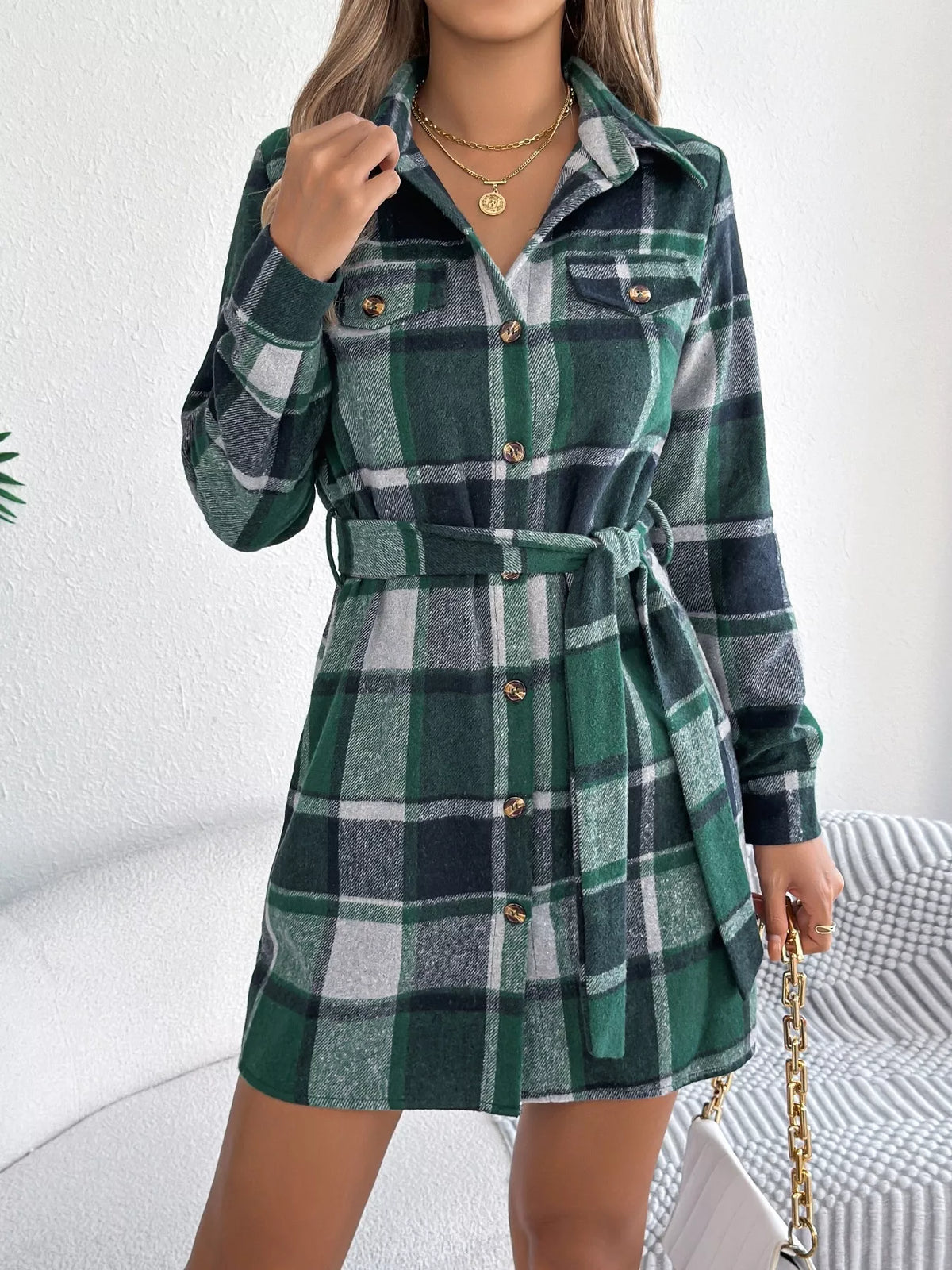 Plaid Button Front Tie Waist Shirt Dress - Green - View 2