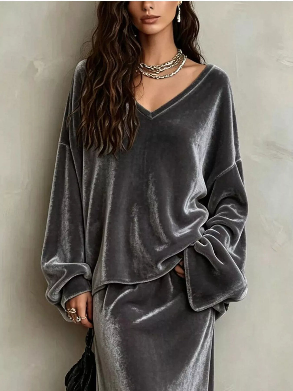 V-Neck Velvet Long Sleeve Top and Maxi Skirt Two-Piece Set - Black - View 4