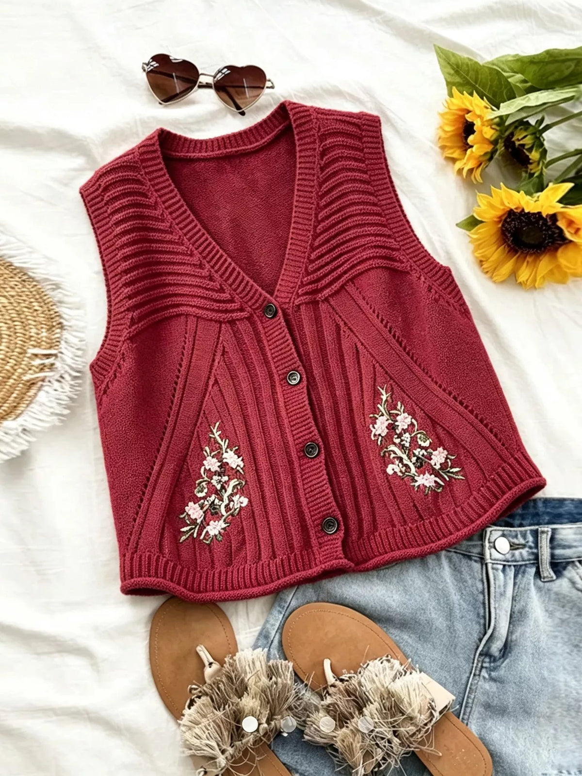 Floral Embroidered V-Neck Button-Down Sweater Vest - Deep Red - View 2