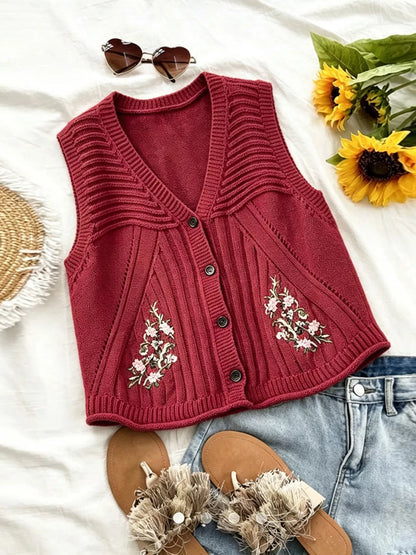 Floral Embroidered V-Neck Button-Down Sweater Vest - Deep Red - View 2