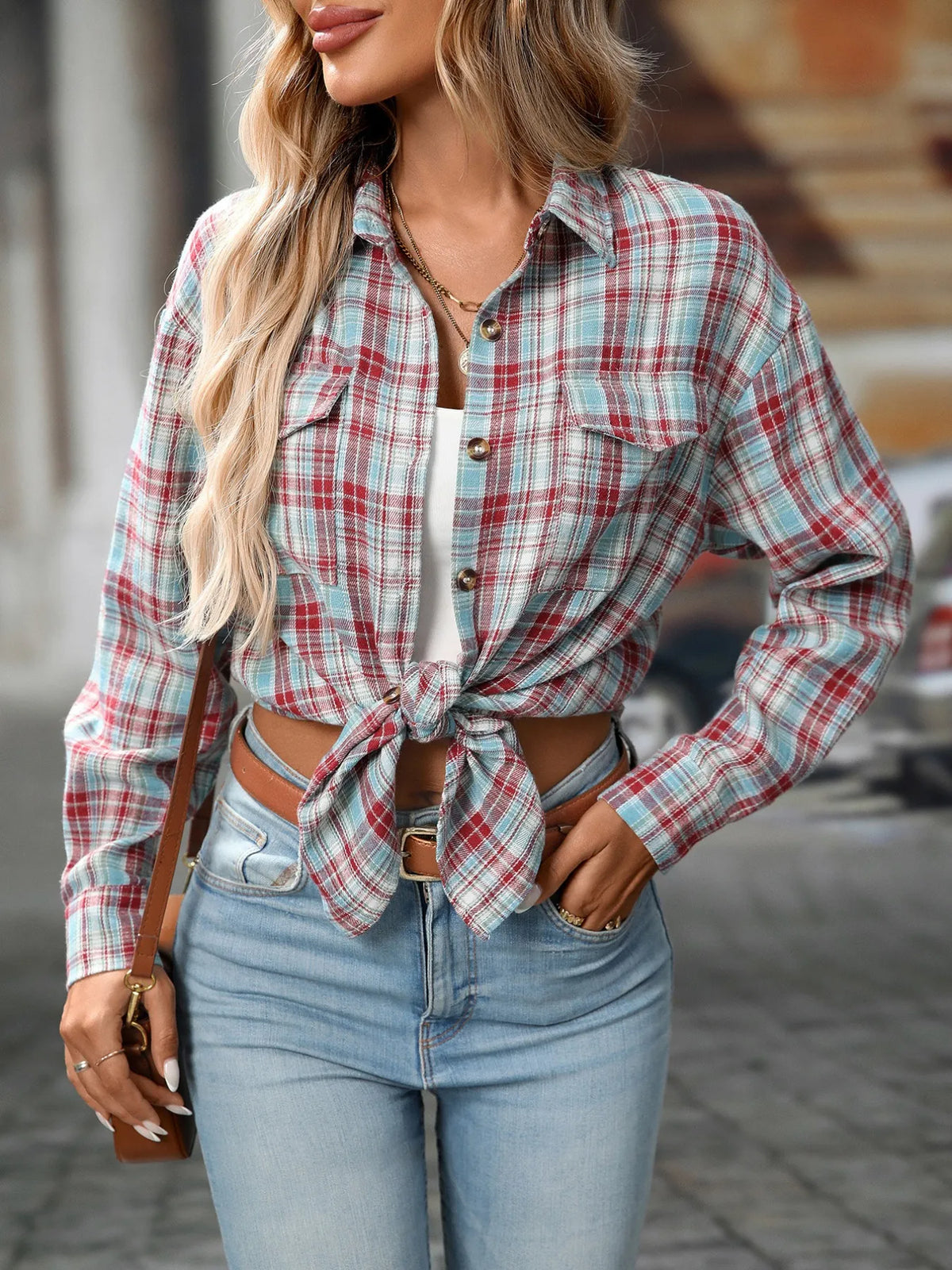 Plaid Button-Down Oversized Shirt - Light Lake Blue - View 2