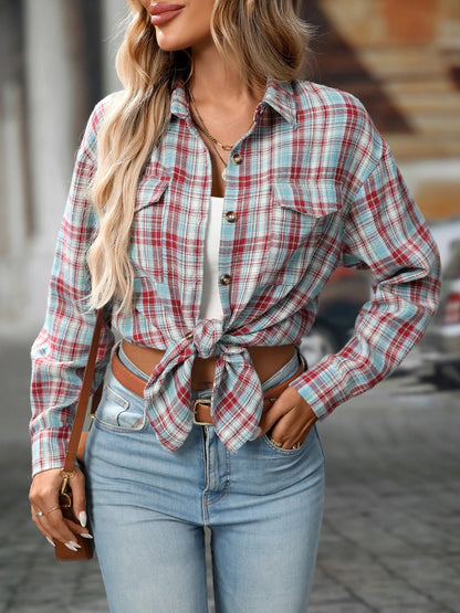 Plaid Button-Down Oversized Shirt - Light Lake Blue - View 2