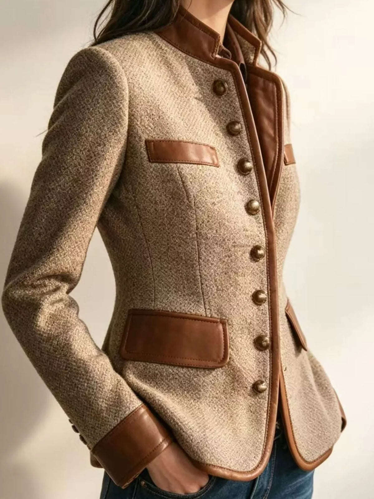 Full Size Contrast Trim Tweed Outerwear Plus Size - Camel - View 3