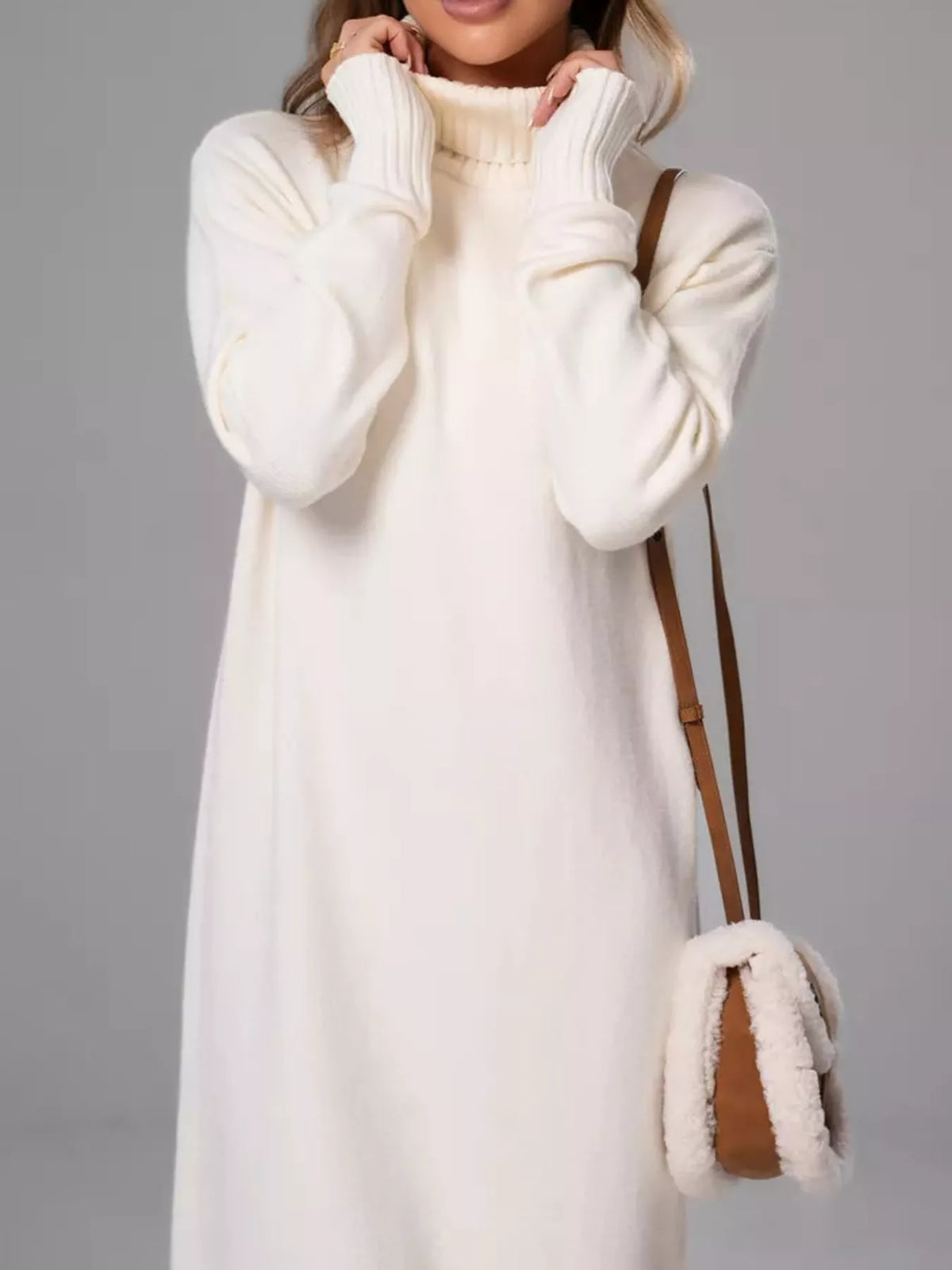Turtleneck Ribbed Knit Sweater Dress - White - View 10