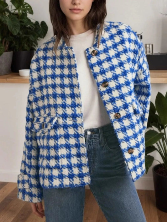 Houndstooth Button Up Long Sleeve Jacket - Blue - View 1