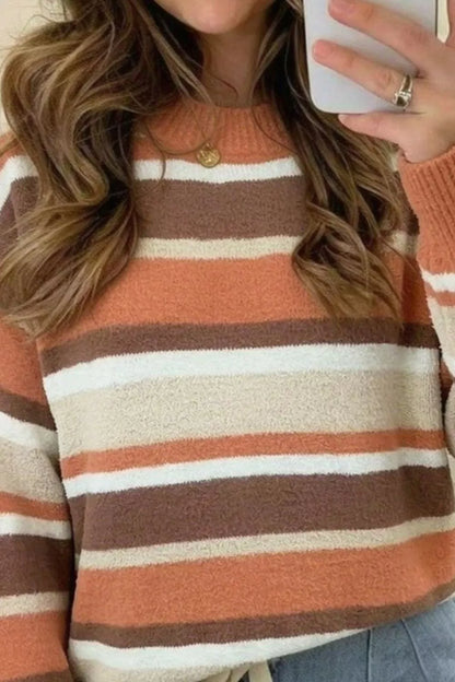 Striped Dropped Shoulder Sweater - Tangerine - View 3