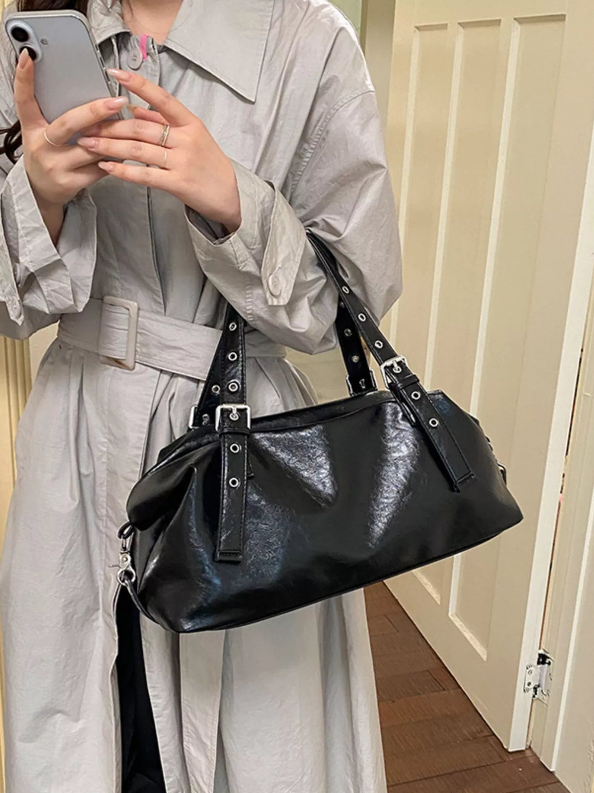 PU Leather Shoulder Bag - Black - View 1