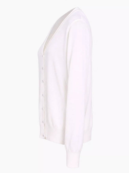 Classic V-Neck Button-Down Knit Cardigan - White - View 5