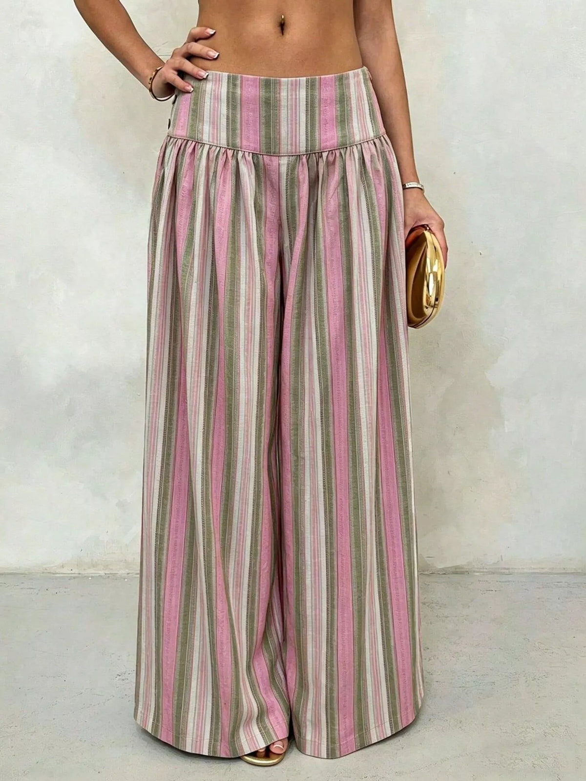 High-Waisted Striped Wide-Leg Casual Pants - Green Pink Stripes - View 6