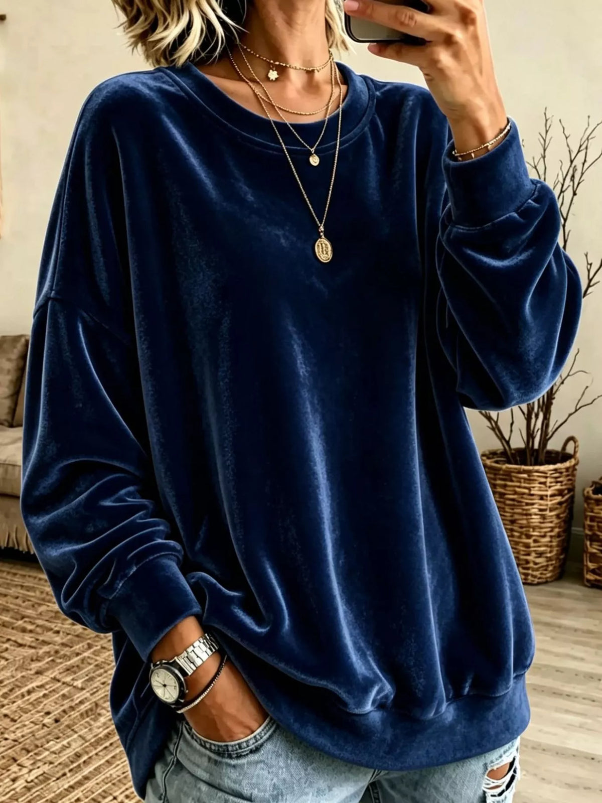Full Size Crew Neck Drop Shoulder Sweatshirt Plus Size - Navy Blue - View 7