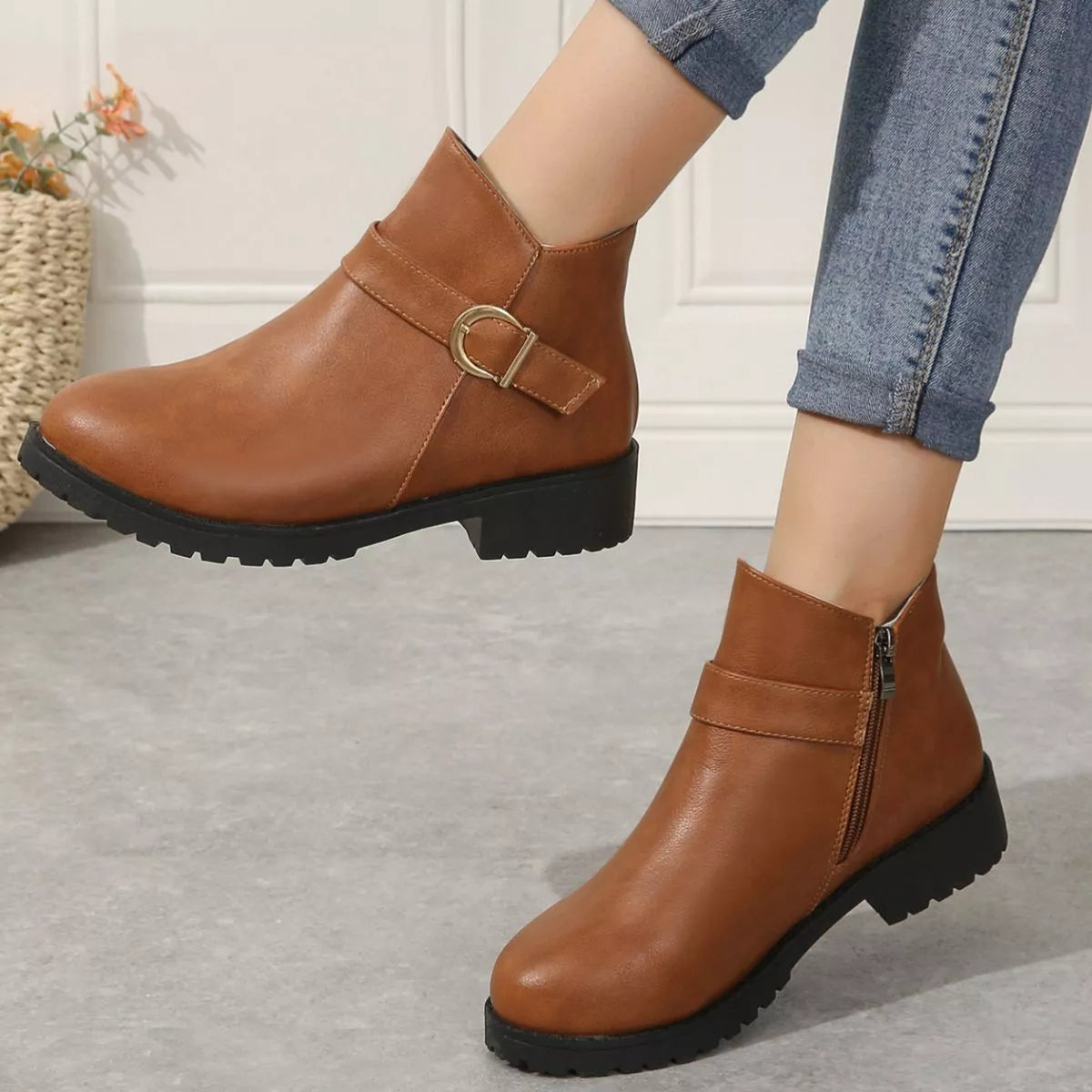 Round Toe Block Heels Boots - Yellowish Brown - View 9
