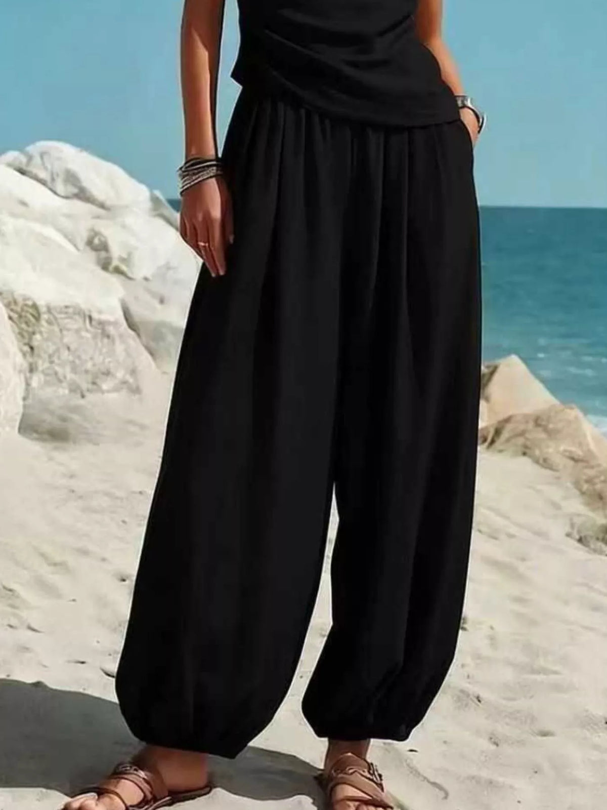 Full Size One-Shoulder Sleeveless Top and Harem Pants Set Plus Size - Black - View 3