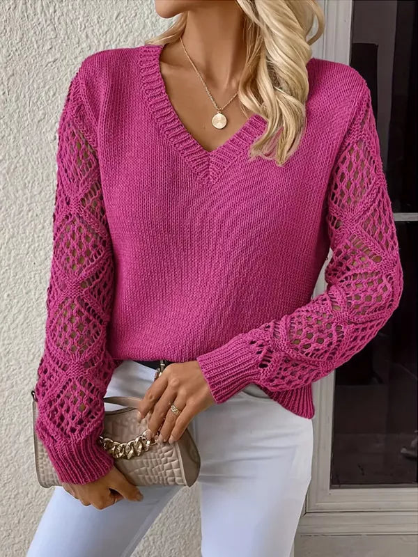 V-Neck Hollow-Out Sleeve Knit Sweater - Fuchsia Pink - View 9